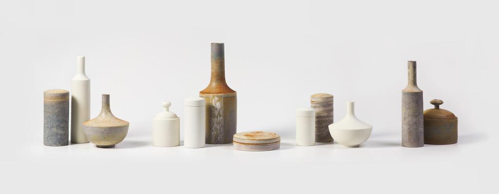 Ulrica Trulsson Fluctuation Fluctuation 01, 2016, Stoneware, porcelaneous stoneware, matte, satine white and clear glaze, 19.5 x 8 x 8 cm (cannister), 31 x 6 x 6 cm (bottle), 18 x 14.