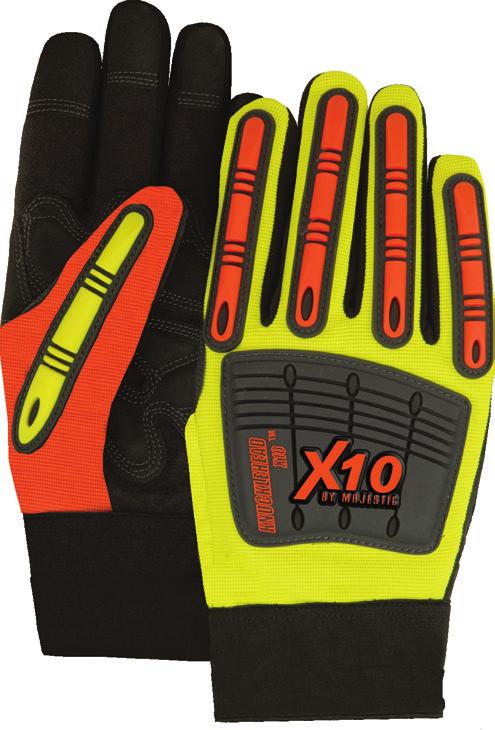 High visibility yellow knit back, TPU impact knuckle protection, finger guards, Velcro wrist closure.