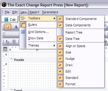 Hiding and showing toolbar buttons In the view menu at the top of the report editor is a menu option labeled Toolbars which allows you to specify which buttons will appear at the top of the report