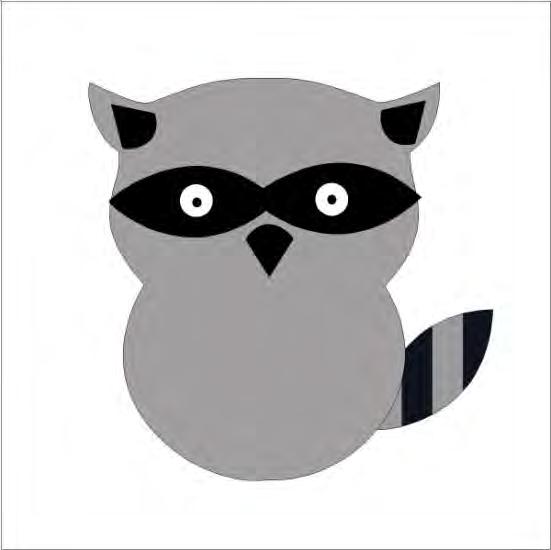 Block three Raccoon: 1 white 6½" square, 1 dark gray owl body, 3 black wings (mask and tail), 1 dark gray wing (tail stripes), 2 white ½" circles
