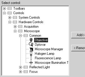 Configuration Now select Objective and Halogen lamp in the control elements field. To insert both into the dialog, click on Add.