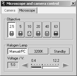 Configuration The Microscope property page contains the elements for controlling the objectives and for controlling the lamp voltage.