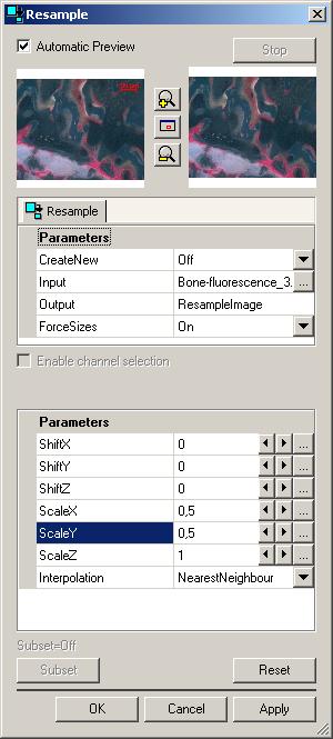 Imaging Plus Now select from the Processing menu the Utilities functional group and then the Resample function. You will now see the dialog window of the Resample function.