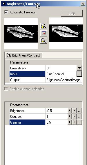 Imaging Plus Select from the Processing menu the Adjust functional group, and then the Brightness/Contrast function. You will now see the dialog window of the Brightness/Contrast function.