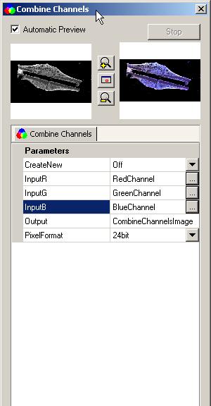 Imaging Plus Select from the Processing menu the Utilities functional group, and then the Combine Channels function. You will now see the dialog window of the Combine Channels function.