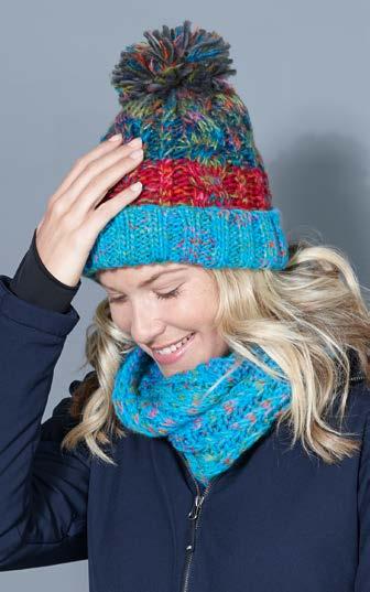 BEANIES & SCARVES 16 MB 7104 Fancy Yarn Hat Multi-colou hat with brim and pompon Made of soft, colou effect yarn 3D look with integrated wave pattern Pleasant to wear thanks to fleece band on the