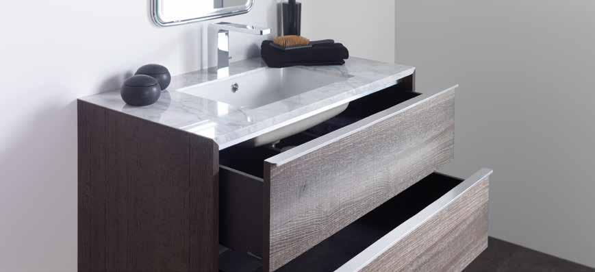 highline century century A washbasin unit with a carved oak veneer finish to give it a rustic appearance. This is a compact unit, featuring two drawers with a Sable laminate lining and Nadir texture.