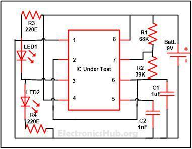 7. 555 Timer IC Testing Simple Circuit: 555 Timer IC Testing Circuit Components used in this Circuit: IC-NE555 R1-68K R2-39K R3,R4-20E C1-1uF/25V C2-1nF LED1,LED2 This simple 555 IC testing-circuit