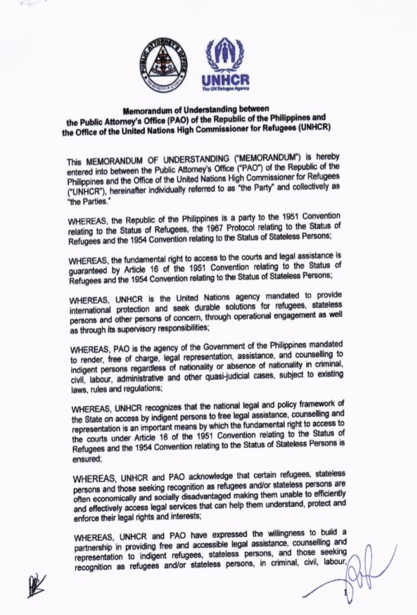 Outcomes (continuation) Memorandum of Understanding: Public Attorney s Office (PAO) and the Office of the United Nations High Commissioner for Refugees (UNHCR) Signed: January 8, 2013 REFUGEES/