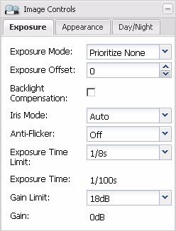 3.3 Image Control Parameters The parameters in the Image Controls group control the quality of the images captured by the camera's imaging sensor. 3.3.1 Exposure Tab Exposure Mode - Sets the camera s exposure mode.