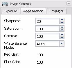 3.3.2 Appearance Tab Sharpness - Sets the sharpness of the images transmitted by the camera. Higher settings produce sharper images.