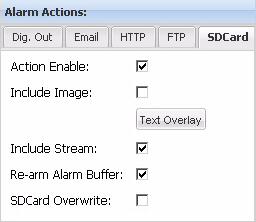 SDCard Tab Action Enable - Check the Action Enable box on the SDCard tab to enable saving a file to the SDCard as an action to take when an alarm condition is declared.