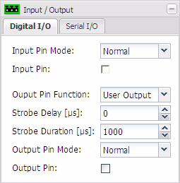 3.8 Input / Output Parameters The parameters in the Input/Output group are used to work with the camera s digital input and output pins and to configure the camera s RS-485 serial port. 3.8.1 Digital I/O Tab Input Pin Mode - Sets whether the active/inactive state of the input pin will operate normally or be inverted.