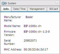 3.10 System Parameters The parameters in the System group provide some basic information about the camera and allow you to set basic system characteristics such as the date and time. 3.10.1 Info Tab Manufacturer Name - Indicates the name of the camera s manufacturer.