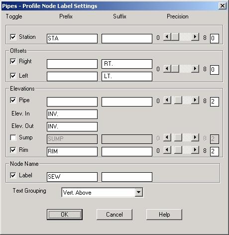 In the Pipes - Profile Node Label Settings dialog box, you can label nodes with station and offset information, as
