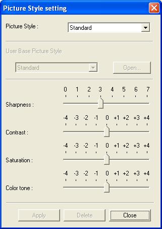 Detailed Settings [Picture Style]. The [Picture Style] window appears. [Settings]. The [Picture Style setting] dialog box appears. Specify desired settings.