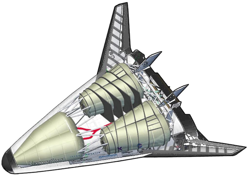 Figure 3: Cutaway Interior Illustration of the Planned X-33 Vehicle Composite liquid hydrogen tanks (2) Linear aerospike rocket engines (2) Aluminum liquid oxygen tank Metallic thermal protection