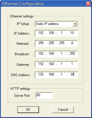 Configuration dialog appears. 8. Enter the network settings in the Ethernet Configuration dialog.