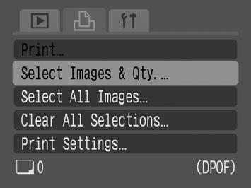 150 Single Images When [Print Type] (p. 148) is set to [Standard] or [Both], the number of copies can be set. 1 Select [Select Images & Qty.]. 1. Press the button. 2. Press the MENU button. 3.