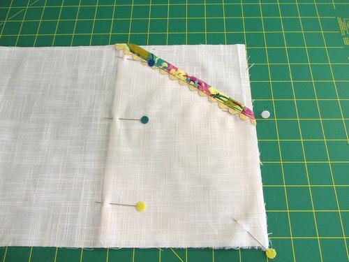 15. Place a pocket panel, right side up, behind the main skirt top panel at either side.