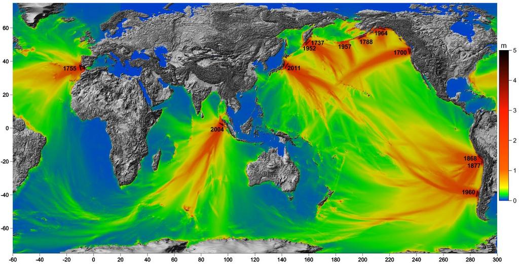 The Significant Earthquakes Triggered Tsunamis (https://www.ngdc.noaa.gov/nndc/struts/form?t=101650&s=1&d=1) Energy flux for trans-oceanic mega-tsunamis historically known.