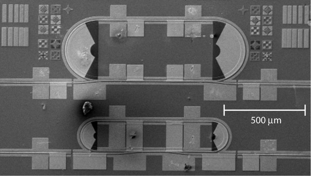 b) A top view SEM micrograph of two racetrack resonator lasers.