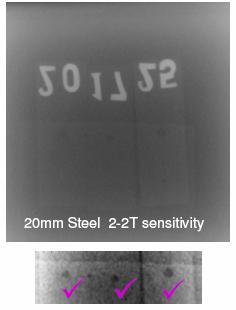satisfies the desired sensitivity. With Ir-192 and flat panel detector, 2-2T sensitivity was achieved for 6-30mm thickness range of steel.