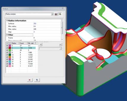 In addition to analysing individual surfaces, hypermill can automatically search for all planes and radii on a component and also
