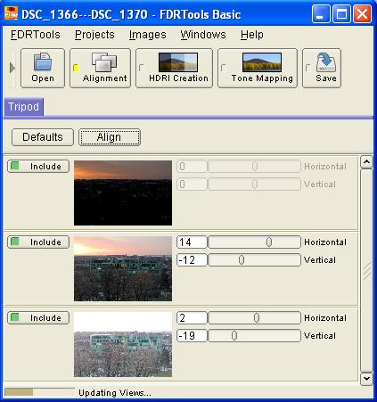 Valitavate tegevuste selgitused: Open piltide avamine, millega sai juba tutvutud. Alignment piltide joondamine. HDRI Creation HDR kujutise loomine. Tone Mapping toonide vastendamine.