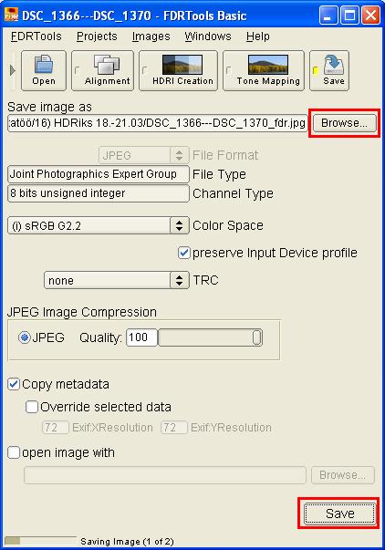 Salvestamine Lõpuks tuleks HDR pilt salvestada. Selleks liikuda Save sammu juurde ja vajutada Browse nupul (Joonis 11), valida pildi formaat (nt.jpg) ja pildi asukoht.