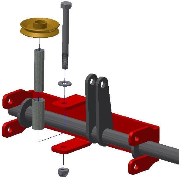 Step 9: Locate the Pulley, 5/16 x 2-1/2 Bolt, 5/16 Flat Washer, a 5/16 Nylock Nut, two 1/2 Flat Washers, the Pulley Spacer Tube (shown in Black) and the Pulley Bushing (shown in Red).