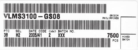 VISHAY SEMICONDUCTOR GmbH STANDARD BAR CODE PRODUCT LABEL (finished goods) PLAIN WRITING ABBREVIATION LENGTH Item-description - 8 Item-number INO 8 Selection-code SEL 3 LOT-/serial-number BATCH 0