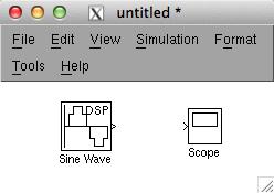 8. Click once on the Sinks sub-library that is listed under Simulink in the Library Browser. Click and drag the Scope icon to the model window to the right of the Sine Wave block.