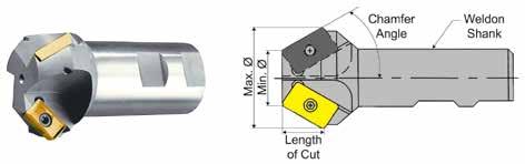 Chamfer Tools Indexable Chamfer Cutters - Weldon Shank Versatile tool that can be used for countersinking, chamfer milling and face milling Extra length of cut with parallelogram inserts All holders