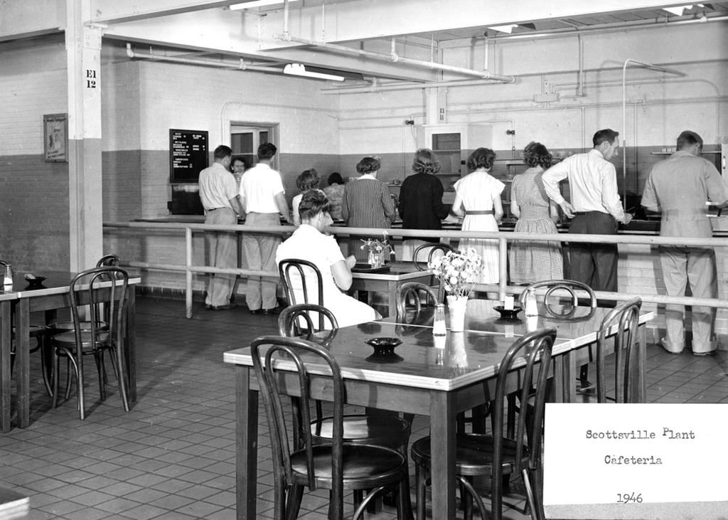 The cafeteria at the Uniroyal Plant (previously the U.S. Rubber Plant) in 1946. Historical photos of the U.S. Rubber Plant in Scottsville, Virginia, were provided by Roger Hutchins of Hyosung America, Inc.