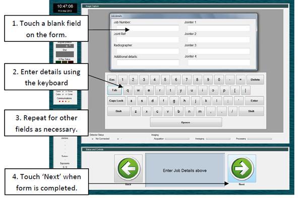 inspection definitions. The Engineer level allows access to system settings. The Job Details are entered using the onscreen keyboard.