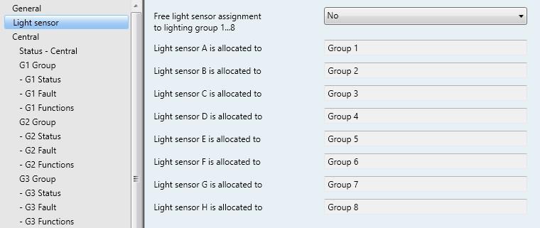 ABB i-bus KNX 3.2.2 Light sensor parameter window In the Light sensor parameter window, the Light Sensors LF/U 2.1 (up to four possible) are assigned to the first four lighting groups of the DLR/S.
