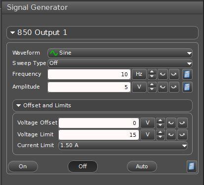 Figure 9: Signal generator settings 9 Record this as the voltage V 0 on the worksheet. 10 Click ON, then click START to begin data acquisition.