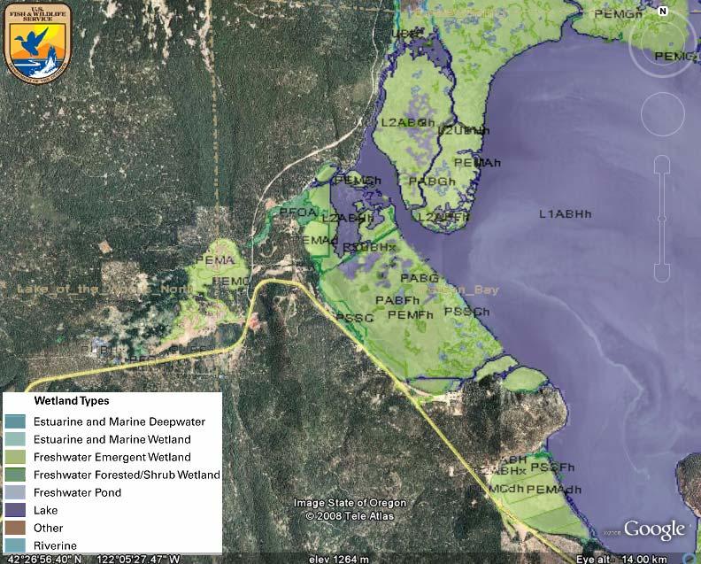 Figure 4: Google Earth (2008) map of lower portion of Upper Klamath Lake NWRC with