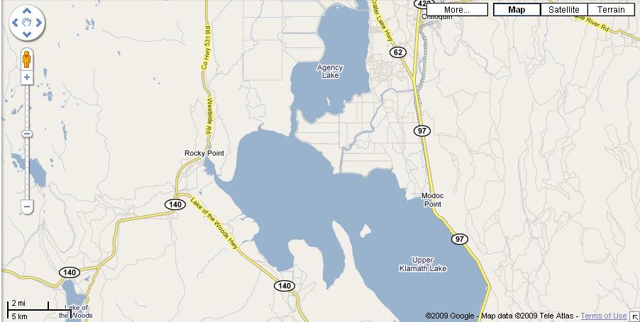 Figure 5: Google Map (2009) of Upper Klamath Lake