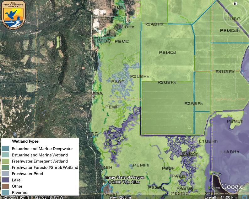 Figure 3: Google Earth (2008) map of upper portion of Upper Klamath Lake NWRC with