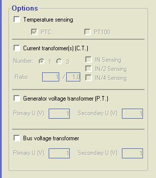 Options 1 2 3 4 To obtain the following options, tick the boxes: 1. Temperature sensors, select either 1 PTC or 3 PT100s. 2. Current transformers (CTs), select the number (1 or 3), the measurement (IN, IN/2 or IN/4) and the ratio.