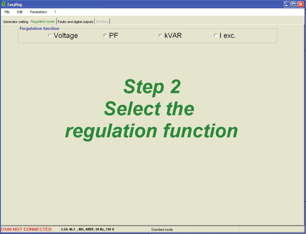 3.3.3.2 - Regulation mode After entering the «Alternator Configuration» part settings, fill in the «Regulation Mode» part. 4 types of regulation are offered: - Voltage - Power factor (P.F.