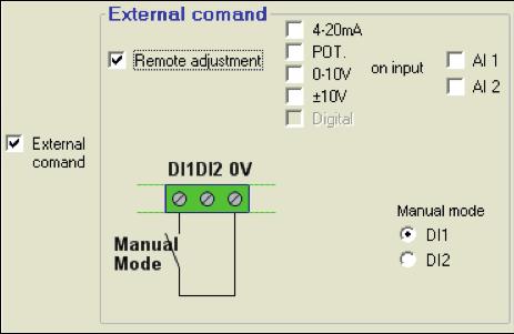 In that last case, a switch allowing the activation/ deactivation of the manual mode must be connected to one of the digital inputs and the excitation current setting is achieved by the remote