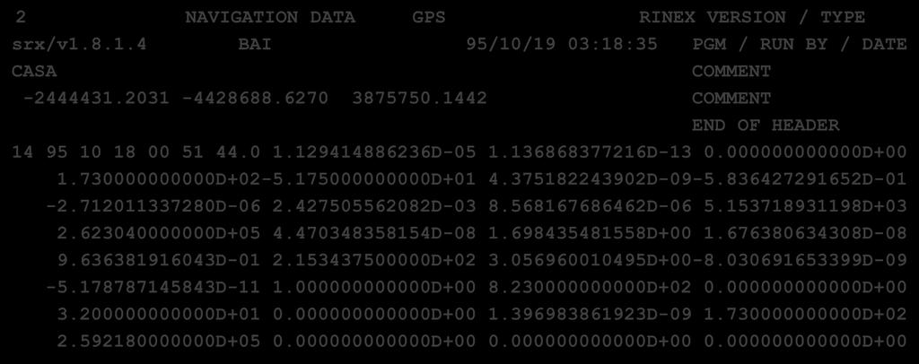 GPS Satellite Clock computation: Broadcast message PRN 2 NAVIGATION DATA GPS RINEX VERSION / TYPE srx/v1.8.1.4 BAI 95/10/19 03:18:35 PGM / RUN BY / DATE CASA COMMENT -2444431.2031-4428688.