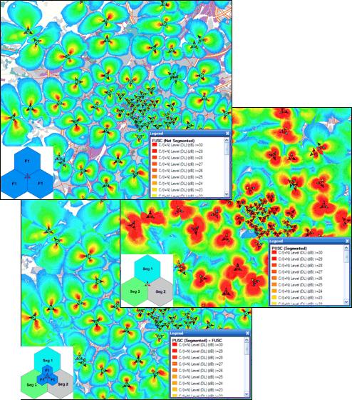 Figure 45 CINR coverage predictions Non-segmented FUSC zone (top) (Frequency reuse: N = 1) Segmented PUSC zone (centre) (Frequency reuse: fractional-n = 3) Segmented PUSC + non-segmented FUSC zone