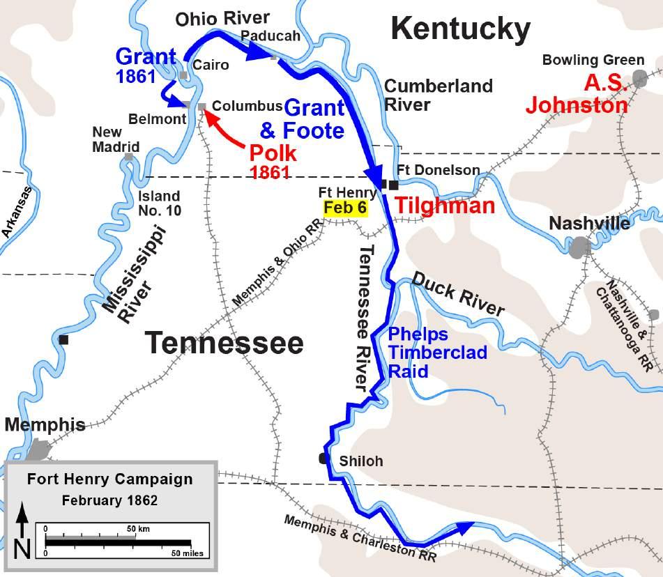 The Union advance began when General Ulysses S. Grant attacked two Confederate forts on the Kentucky-Tennessee border. This map shows Union commanders in blue and Confederate commanders in red.