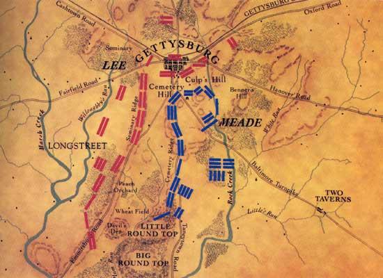 The Union defensive line ran about 3 miles along Culp s Hill, Cemetery Hill, Cemetery Ridge, and hills called Little Round Top and Big Round Top.