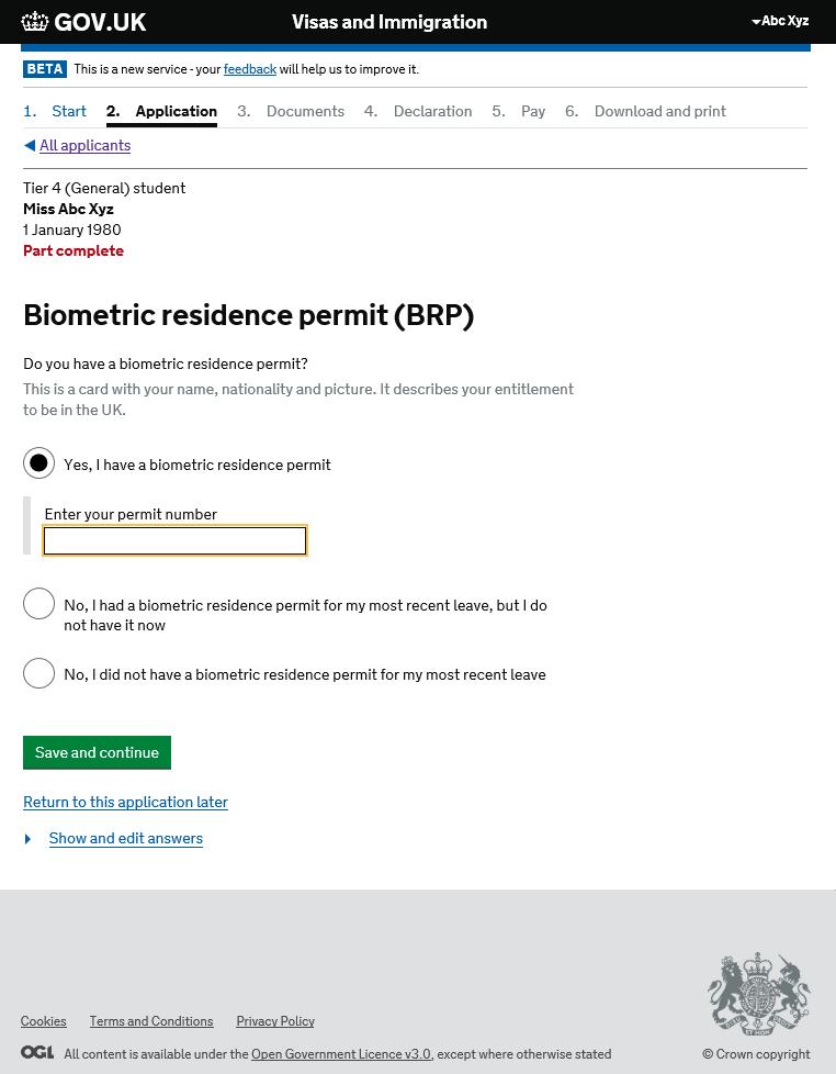 If during your most recent leave, you were issued with a BRP Card, you should declare this next and you will be prompted to enter your BRP card number.