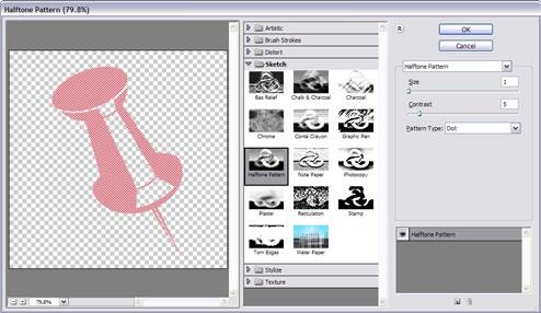 The effect of the Halftone Pattern is similar to that of certain Pop Art techniques. Photoshop warns you it needs to rasterize the image before proceeding.